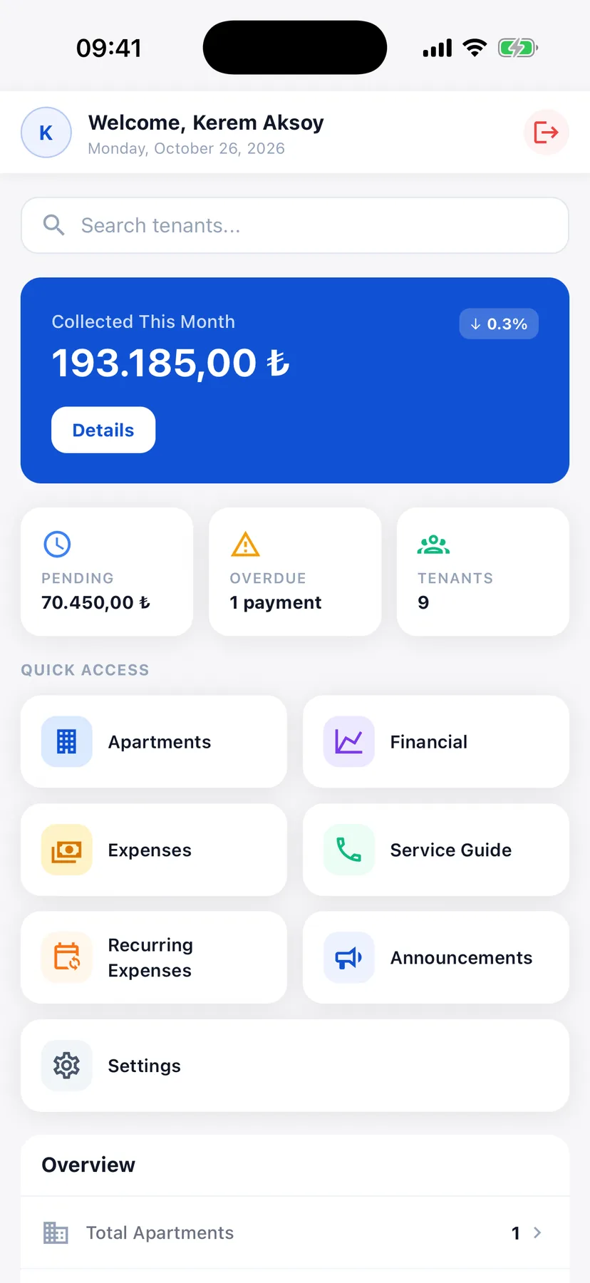 DetaApart home screen with this month's collected rent