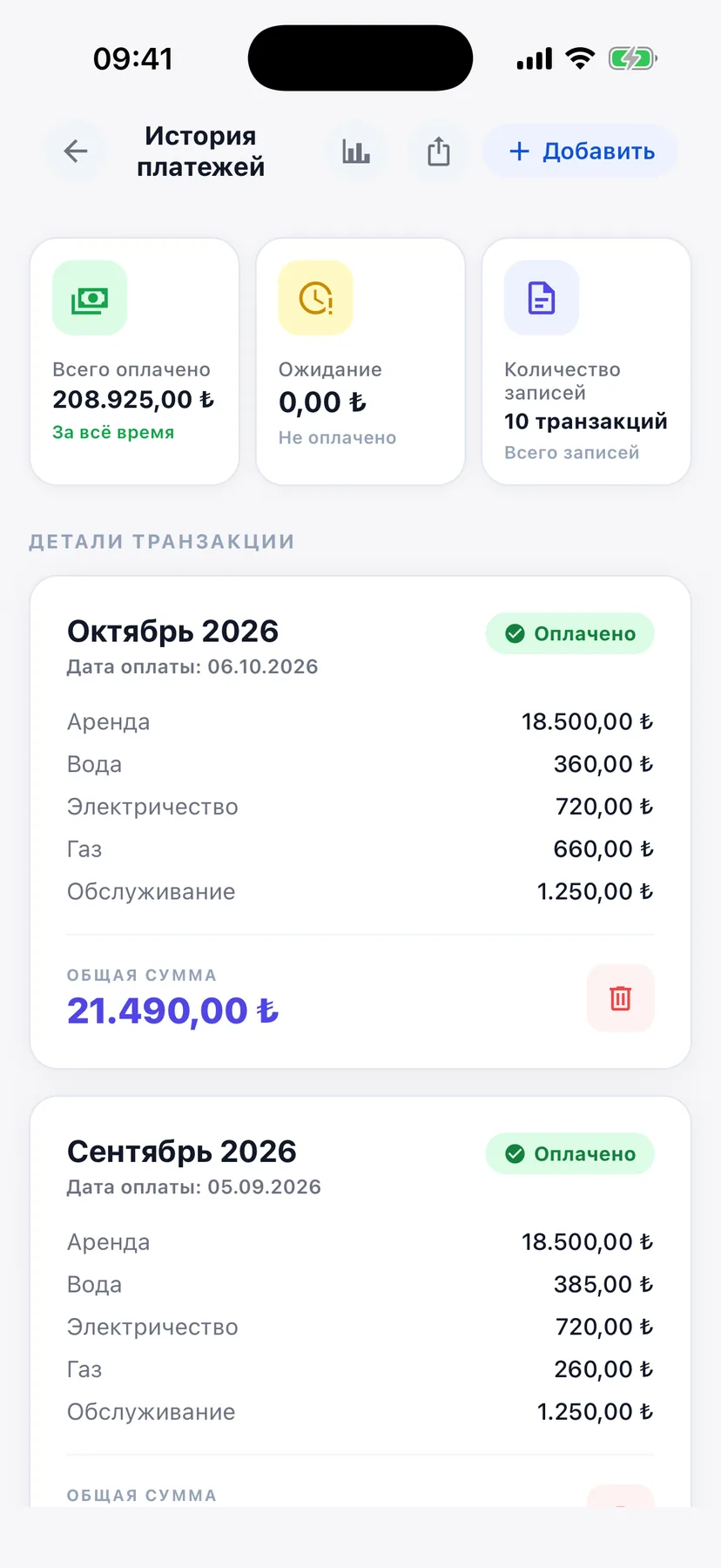 История платежей одной квартиры