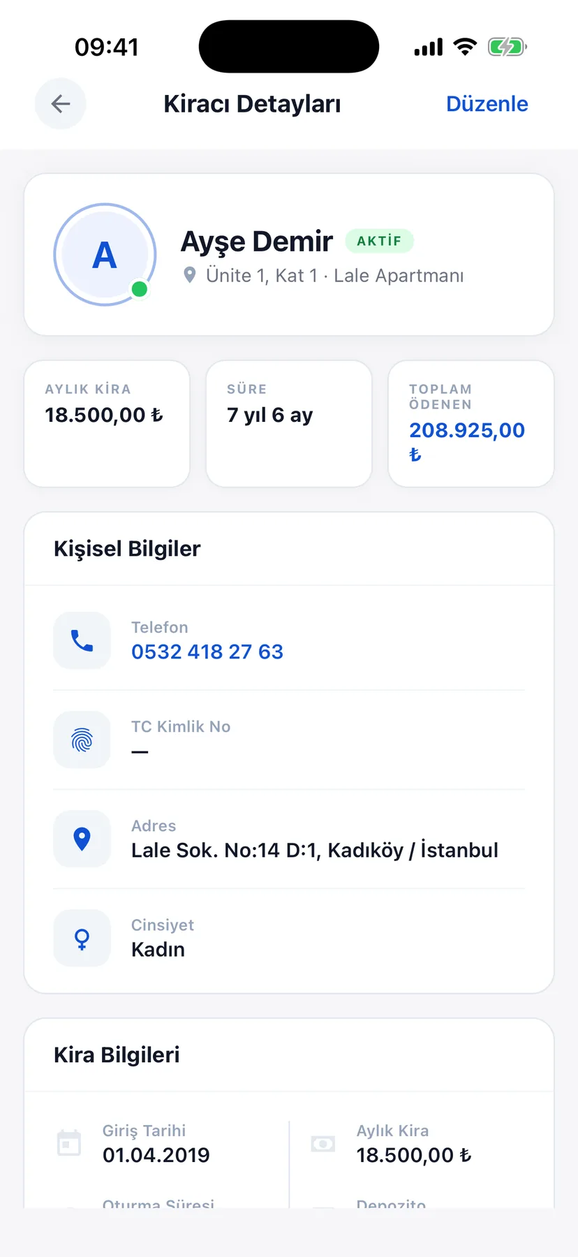 Bir kiracının bilgileri